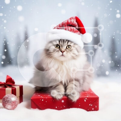 Intra Συλλεκτικό Ξύλινο Παζλ Plywood  4mm - Γιορτινή γάτα με καπέλο Άγιου Βασίλη Σε Ξύλινο Κουτί - Διαστάσεις: 10x10 cm – 25 κομμάτια - Image 1