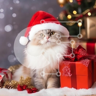 Intra Συλλεκτικό Ξύλινο Παζλ Plywood  4mm - Εορταστική γάτα με καπέλο Άγιου Βασίλη Σε Ξύλινο Κουτί - Διαστάσεις: 10x10 cm – 25 κομμάτια - Image 1