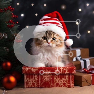 Intra Συλλεκτικό Ξύλινο Παζλ Plywood 4mm - Χαριτωμένο γατάκι με χριστουγεννιάτικο καπέλο μέσα σε κουτί δώρου Σε Ξύλινο Κουτί - Διαστάσεις: 10x10 cm – 25 κομμάτια - Image 1