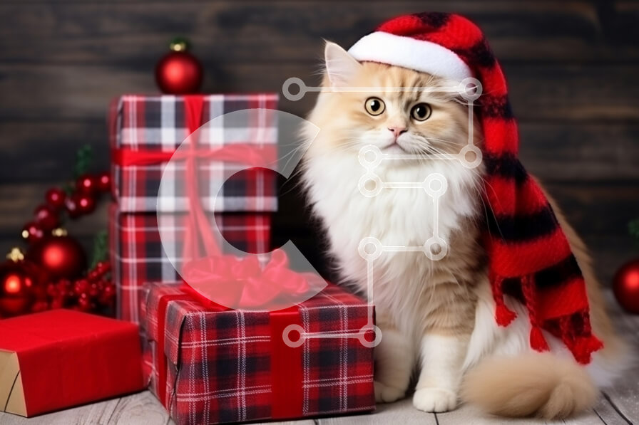 Intra Συλλεκτικό Ξύλινο Παζλ Plywood  4mm - Αφράτη γάτα σε σκηνικό διακοπών με δώρα Σε Ξύλινο Κουτί - Διαστάσεις: 10x10 cm – 25 κομμάτια