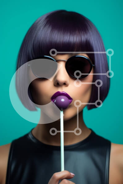 Intra Συλλεκτικό Ξύλινο Παζλ Plywood  4mm - Μόδα πορτρέτο γυναίκας με μωβ μαλλιά και γλειφιτζούρι Σε Ξύλινο Κουτί - Διαστάσεις Puzzle: 10x10 cm – 25 κομμάτια