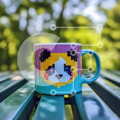 Intra Συλλεκτικό Ξύλινο Παζλ Plywood  4mm - Πολύχρωμη κούπα Panda Art Pixel σε πράσινο τραπέζι Σε Ξύλινο Κουτί - Διαστάσεις: 10x10 cm – 25 κομμάτια - Image 1