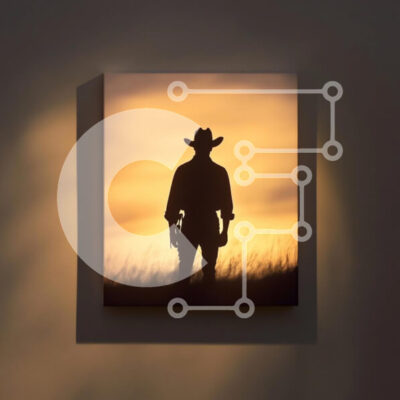 Intra Συλλεκτικό Ξύλινο Παζλ Plywood 4mm - Σιλουέτα ενός καουμπόη ενάντια στο ηλιοβασίλεμα Σε Ξύλινο Κουτί - Διαστάσεις Puzzle: 10x10 cm – 25 κομμάτια - Image 1