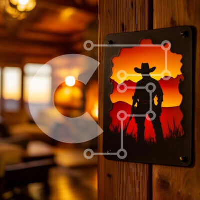 Intra Συλλεκτικό Ξύλινο Παζλ Plywood  4mm - Σιλουέτα ενός καουμπόη ενάντια στο ηλιοβασίλεμα σε ρουστίκ καμπίνα Σε Ξύλινο Κουτί - Διαστάσεις Puzzle: 10x10 cm – 25 κομμάτια - Image 1