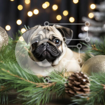 Intra Συλλεκτικό Ξύλινο Παζλ Plywood 4mm - Pug Dog που περιβάλλεται από διακόσμηση διακοπών Σε Ξύλινο Κουτί - Διαστάσεις: 10x10 cm – 25 κομμάτια - Image 1