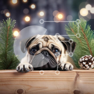 Intra Συλλεκτικό Ξύλινο Παζλ Plywood  4mm - Pug σε εορταστικό σκηνικό με κλαδιά πεύκου Σε Ξύλινο Κουτί - Διαστάσεις: 10x10 cm – 25 κομμάτια - Image 1