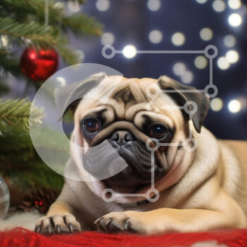 Intra Συλλεκτικό Ξύλινο Παζλ Plywood  4mm - Pug Dog δίπλα στο Χριστουγεννιάτικο δέντρο Σε Ξύλινο Κουτί - Διαστάσεις: 10x10 cm – 25 κομμάτια - Image 1