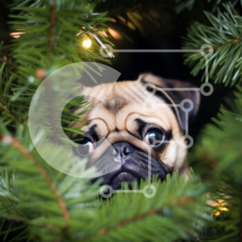 Intra Συλλεκτικό Ξύλινο Παζλ Plywood  4mm - Pug που κρυφοκοιτάζει μέσα από κλαδιά πεύκου με φώτα Σε Ξύλινο Κουτί - Διαστάσεις: 10x10 cm – 25 κομμάτια - Image 1