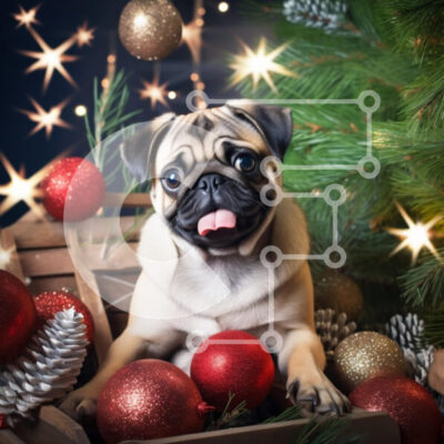 Intra Συλλεκτικό Ξύλινο Παζλ Plywood  4mm - Pug Puppy που περιβάλλεται από Χριστουγεννιάτικα στολίδια Σε Ξύλινο Κουτί - Διαστάσεις: 10x10 cm – 25 κομμάτια - Image 1