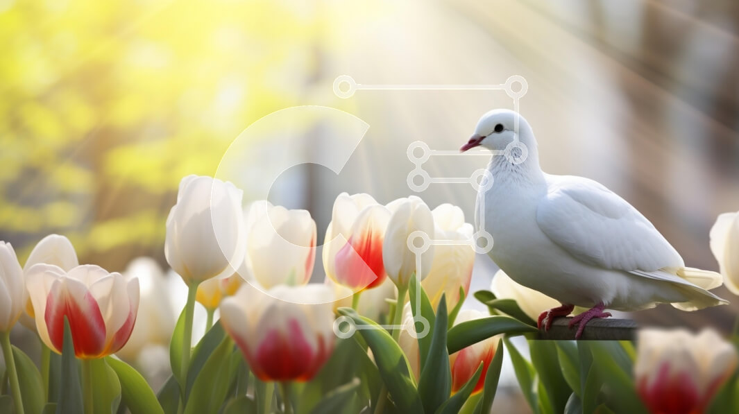 Intra Συλλεκτικό Ξύλινο Παζλ Plywood  4mm - Λευκό Περιστέρι ανάμεσα στις τουλίπες στο φως της άνοιξης Σε Ξύλινο Κουτί - Διαστάσεις: 10x10 cm – 25 κομμάτια