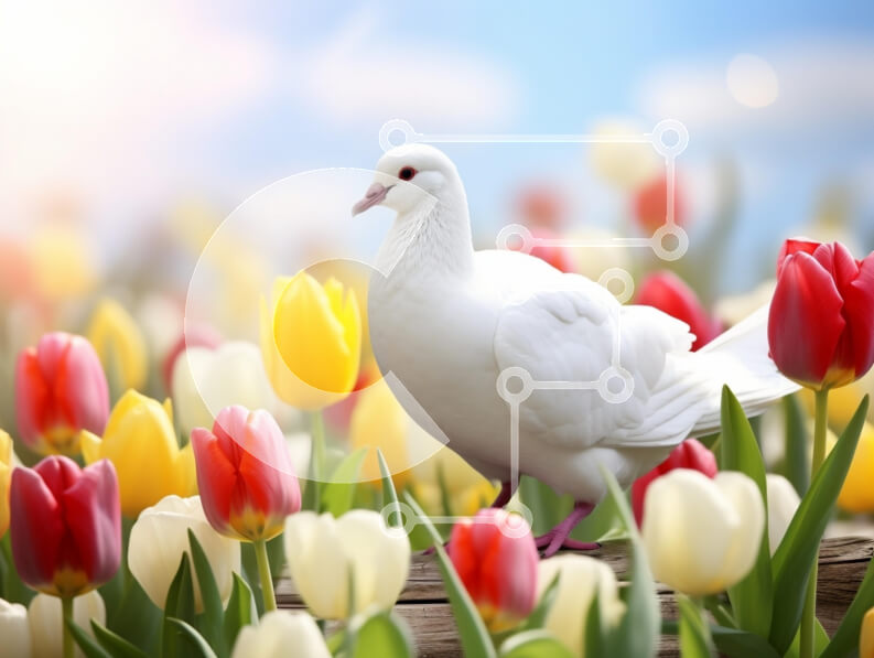 Intra Συλλεκτικό Ξύλινο Παζλ Plywood  4mm - Λευκό Περιστέρι που περιβάλλεται από πολύχρωμες τουλίπες την άνοιξη Σε Ξύλινο Κουτί - Διαστάσεις: 10x10 cm – 25 κομμάτια