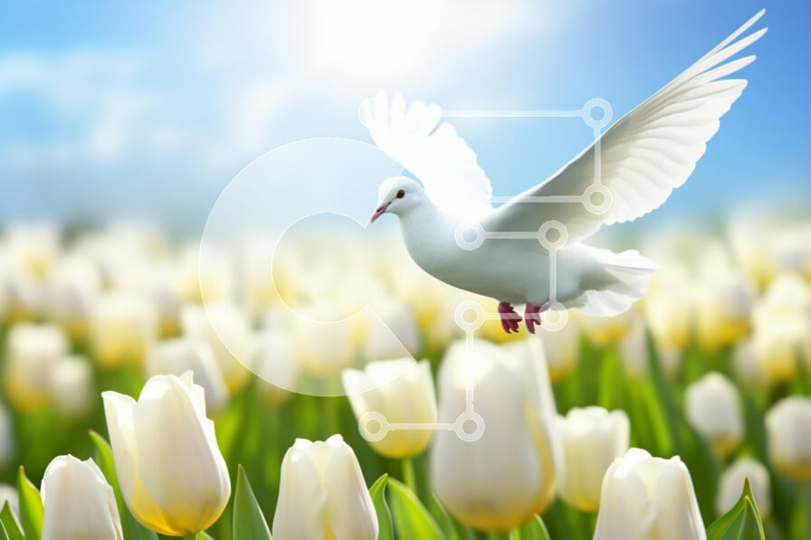 Intra Συλλεκτικό Ξύλινο Παζλ Plywood  4mm - Περιστέρι που πετά πάνω από τουλίπες κάτω από το γαλάζιο του ουρανού Σε Ξύλινο Κουτί - Διαστάσεις: 10x10 cm – 25 κομμάτια