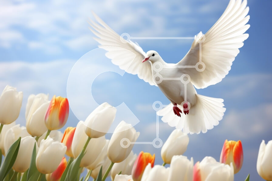 Intra Συλλεκτικό Ξύλινο Παζλ Plywood  4mm - Λευκό Περιστέρι που πετά πάνω από τις τουλίπες Σε Ξύλινο Κουτί - Διαστάσεις: 10x10 cm – 25 κομμάτια