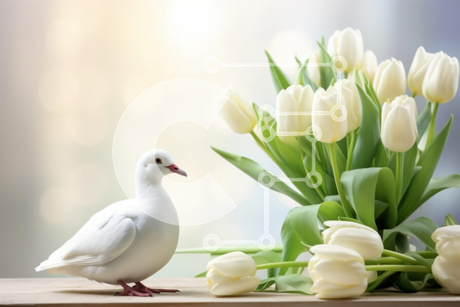 Intra Συλλεκτικό Ξύλινο Παζλ Plywood  4mm - Λευκό Περιστέρι και Λευκές τουλίπες σε ένα γαλήνιο περιβάλλον Σε Ξύλινο Κουτί - Διαστάσεις: 10x10 cm – 25 κομμάτια