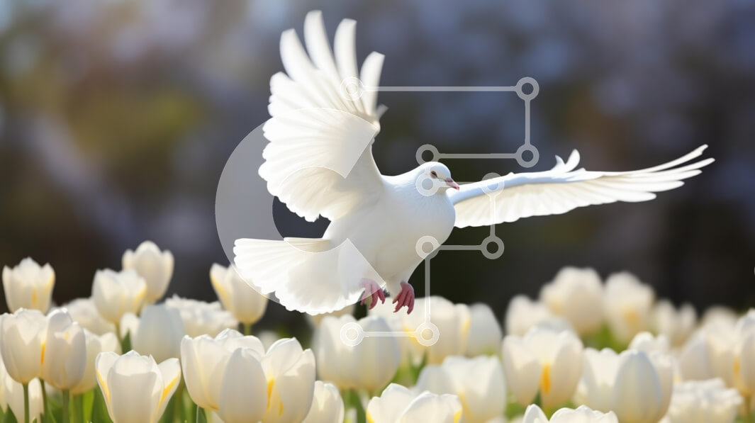 Intra Συλλεκτικό Ξύλινο Παζλ Plywood  4mm - Λευκό Περιστέρι στην πτήση πάνω από τις τουλίπες Σε Ξύλινο Κουτί - Διαστάσεις: 10x10 cm – 25 κομμάτια