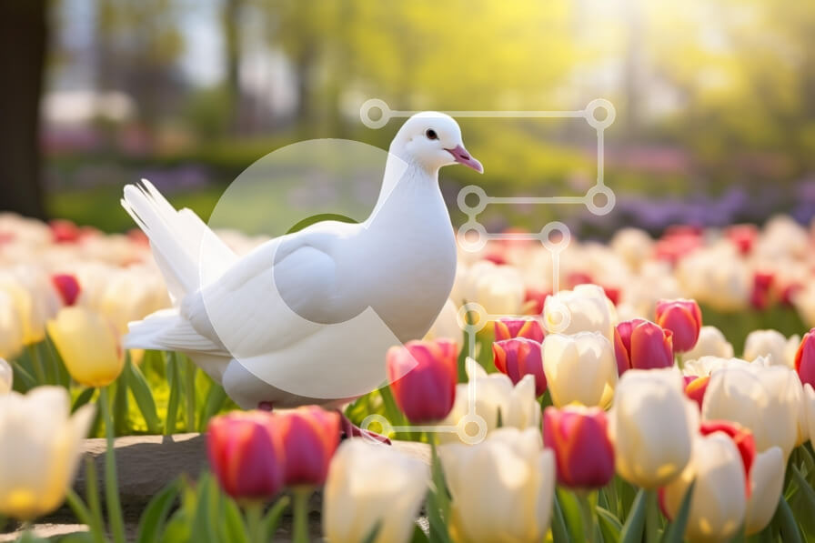 Intra Συλλεκτικό Ξύλινο Παζλ Plywood  4mm - Λευκό Περιστέρι ανάμεσα στις τουλίπες σε έναν ανοιξιάτικο κήπο Σε Ξύλινο Κουτί - Διαστάσεις: 10x10 cm – 25 κομμάτια