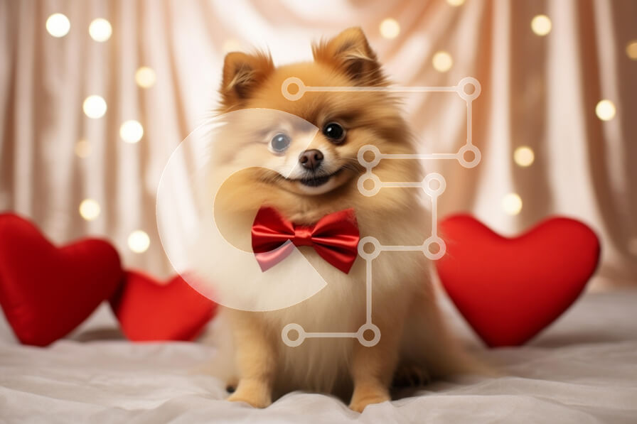 Intra Συλλεκτικό Ξύλινο Παζλ Plywood  4mm - Σκύλος Pomeranian με κόκκινο παπιγιόν και μαξιλάρια καρδιάς Σε Ξύλινο Κουτί - Διαστάσεις: 10x10 cm – 25 κομμάτια