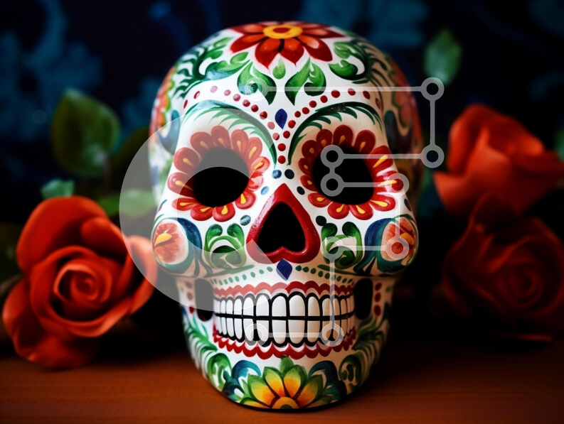 Intra Συλλεκτικό Ξύλινο Παζλ Plywood  4mm - Πολύχρωμο κρανίο ζάχαρης με τριαντάφυλλα Σε Ξύλινο Κουτί - Διαστάσεις: 10x10 cm – 25 κομμάτια