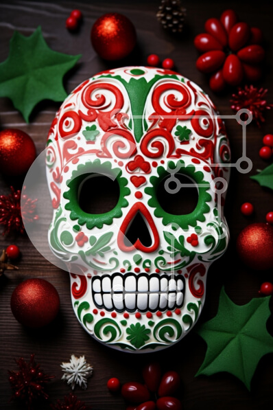 Intra Συλλεκτικό Ξύλινο Παζλ Plywood  4mm - Διακοσμητικό κρανίο για το Dâ de los Muertos με εορταστικά στολίδια Σε Ξύλινο Κουτί - Διαστάσεις: 10x10 cm – 25 κομμάτια