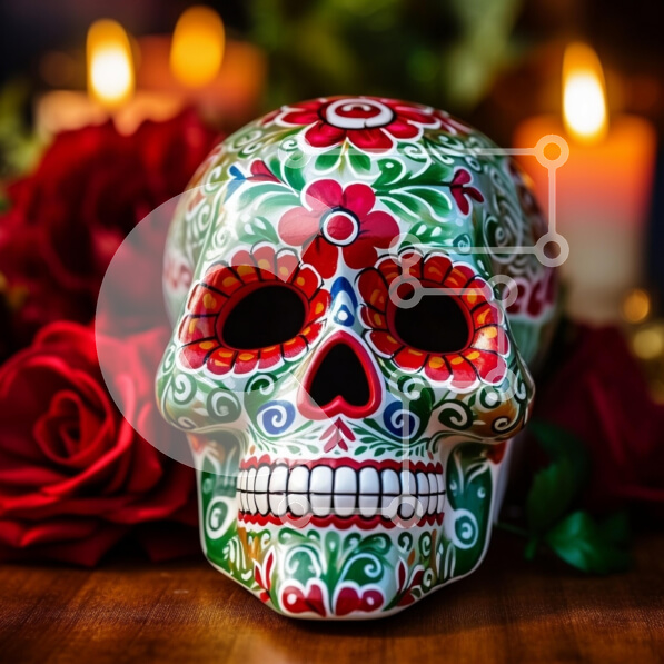 Intra Συλλεκτικό Ξύλινο Παζλ Plywood  4mm - Ζαχαροζάχαρο πολύχρωμο κρανίο με τριαντάφυλλα και κεριά Σε Ξύλινο Κουτί - Διαστάσεις: 10x10 cm – 25 κομμάτια