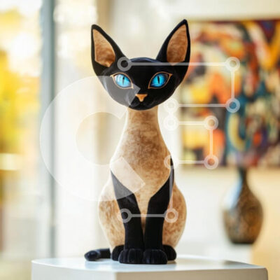 Intra Συλλεκτικό Ξύλινο Παζλ Plywood  4mm - Λούτρινο γλυπτό σιαμέιας γάτας Σε Ξύλινο Κουτί - Διαστάσεις Puzzle: 10x10 cm – 25 κομμάτια - Image 1