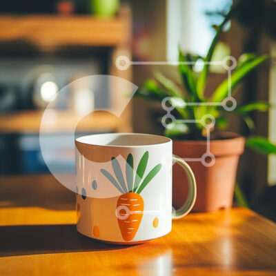 Intra Συλλεκτικό Ξύλινο Παζλ Plywood  4mm - Πολύχρωμη κούπα με σχέδιο καρότο σε ξύλινο τραπέζι Σε Ξύλινο Κουτί - Διαστάσεις Puzzle: 10x10 cm – 25 κομμάτια - Image 1