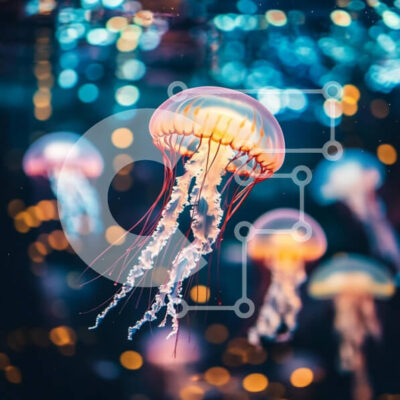 Intra Συλλεκτικό Ξύλινο Παζλ Plywood  4mm - Μέδουσες που κολυμπούν σε πολύχρωμα φώτα Σε Ξύλινο Κουτί - Διαστάσεις: 10x10 cm – 25 κομμάτια - Image 1