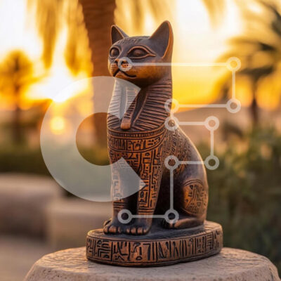 Intra Συλλεκτικό Ξύλινο Παζλ Plywood  4mm - Αρχαίο άγαλμα αιγυπτιακής γάτας στο ηλιοβασίλεμα Σε Ξύλινο Κουτί - Διαστάσεις Puzzle: 10x10 cm – 25 κομμάτια - Image 1