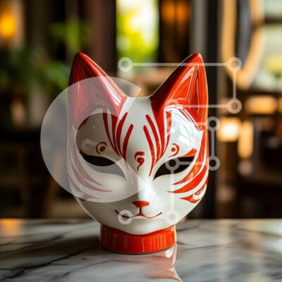 Intra Συλλεκτικό Ξύλινο Παζλ Plywood  4mm - Κόκκινη και λευκή μάσκα γάτας σε μαρμάρινη επιφάνεια Σε Ξύλινο Κουτί - Διαστάσεις: 10x10 cm – 25 κομμάτια - Image 1