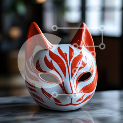 Intra Συλλεκτικό Ξύλινο Παζλ Plywood  4mm - Παραδοσιακή μάσκα αιλουροειδών σε κόκκινο και λευκό Σε Ξύλινο Κουτί - Διαστάσεις Puzzle: 10x10 cm – 25 κομμάτια - Image 1