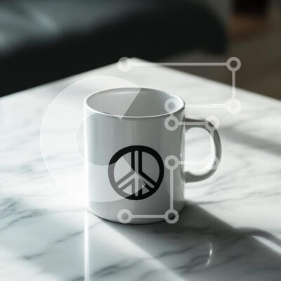 Intra Συλλεκτικό Ξύλινο Παζλ Plywood 4mm - Λευκή κούπα με σύμβολο ειρήνης σε μαρμάρινο τραπέζι Σε Ξύλινο Κουτί - Διαστάσεις: 10x10 cm – 25 κομμάτια - Image 1