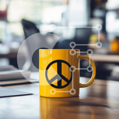 Intra Συλλεκτικό Ξύλινο Παζλ Plywood 4mm - Κίτρινη κούπα με σύμβολο ειρήνης σε περιβάλλον γραφείου Σε Ξύλινο Κουτί - Διαστάσεις: 10x10 cm – 25 κομμάτια - Image 1