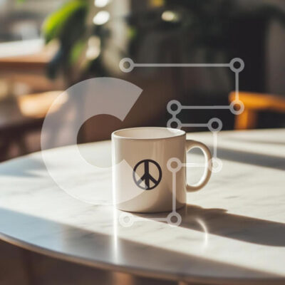 Intra Συλλεκτικό Ξύλινο Παζλ Plywood  4mm - Λευκή κούπα με σύμβολο ειρήνης σε μαρμάρινο τραπέζι Σε Ξύλινο Κουτί - Διαστάσεις Puzzle: 10x10 cm – 25 κομμάτια - Image 1