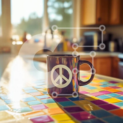 Intra Συλλεκτικό Ξύλινο Παζλ Plywood 4mm - Πολύχρωμη κούπα ειρήνης σε μωσαϊκό επιτραπέζιο στην κουζίνα Σε Ξύλινο Κουτί - Διαστάσεις Puzzle: 10x10 cm – 25 κομμάτια - Image 1