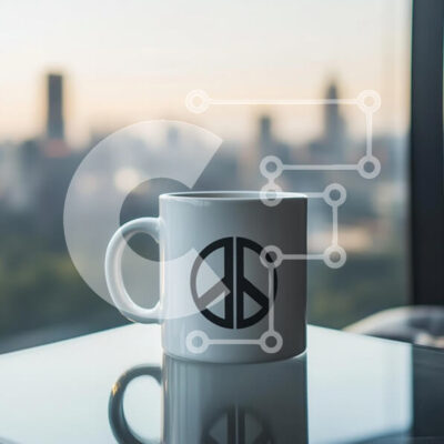 Intra Συλλεκτικό Ξύλινο Παζλ Plywood 4mm - Λευκή κούπα με σύμβολο ειρήνης σε αστικό φόντο Σε Ξύλινο Κουτί - Διαστάσεις: 10x10 cm – 25 κομμάτια - Image 1