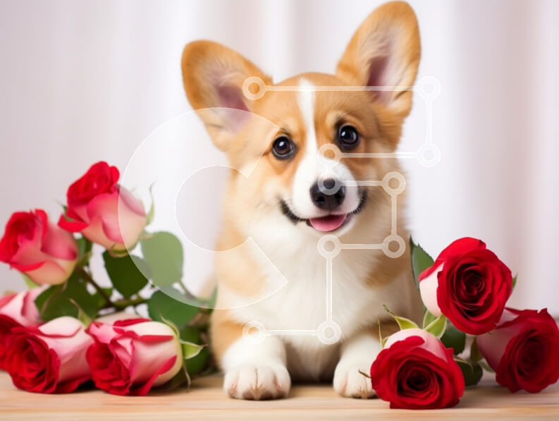 Intra Συλλεκτικό Ξύλινο Παζλ Plywood  4mm - Κουτάβι Corgi που περιβάλλεται από τριαντάφυλλα Σε Ξύλινο Κουτί - Διαστάσεις: 10x10 cm – 25 κομμάτια - Image 1