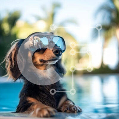 Intra Συλλεκτικό Ξύλινο Παζλ Plywood  4mm - Dachshund Dog Wearing Sunglasses δίπλα στην πισίνα Σε Ξύλινο Κουτί - Διαστάσεις: 10x10 cm – 25 κομμάτια - Image 1