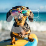 Intra Συλλεκτικό Ξύλινο Παζλ Plywood  4mm – Σκύλος Dachshund με γυαλιά ηλίου στη σανίδα του σερφ στην παραλία Σε Ξύλινο Κουτί – Διαστάσεις: 10×10 cm – 25 κομμάτια