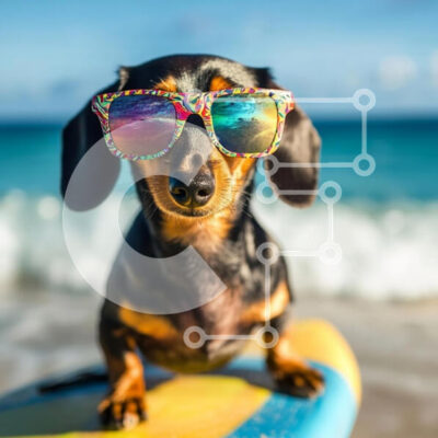 Intra Συλλεκτικό Ξύλινο Παζλ Plywood  4mm - Σκύλος Dachshund με γυαλιά ηλίου στη σανίδα του σερφ στην παραλία Σε Ξύλινο Κουτί - Διαστάσεις: 10x10 cm – 25 κομμάτια - Image 1