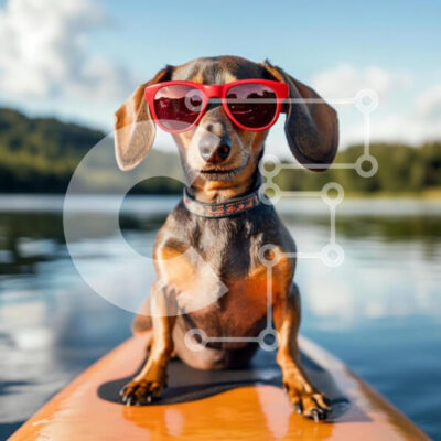 Intra Συλλεκτικό Ξύλινο Παζλ Plywood 4mm - Dachshund στο Paddleboard με γυαλιά ηλίου Σε Ξύλινο Κουτί - Διαστάσεις: 10x10 cm – 25 κομμάτια - Image 1