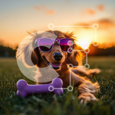 Intra Συλλεκτικό Ξύλινο Παζλ Plywood  4mm - Ευτυχισμένος σκύλος με γυαλιά ηλίου στο ηλιοβασίλεμα Σε Ξύλινο Κουτί - Διαστάσεις: 10x10 cm – 25 κομμάτια - Image 1