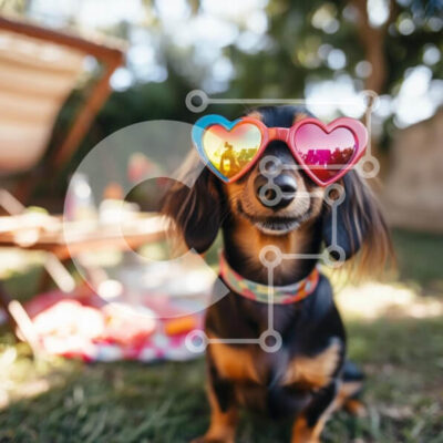 Intra Συλλεκτικό Ξύλινο Παζλ Plywood  4mm - Dachshund με γυαλιά ηλίου σε σχήμα καρδιάς σε μια αυλή Σε Ξύλινο Κουτί - Διαστάσεις: 10x10 cm – 25 κομμάτια - Image 1