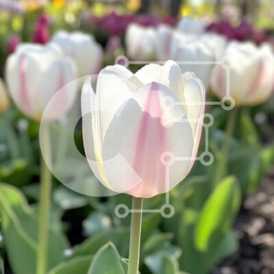 Intra Συλλεκτικό Ξύλινο Παζλ Plywood  4mm - Λευκή τουλίπα με ροζ ραβδώσεις σε έναν κήπο Σε Ξύλινο Κουτί - Διαστάσεις: 10x10 cm – 25 κομμάτια - Image 1