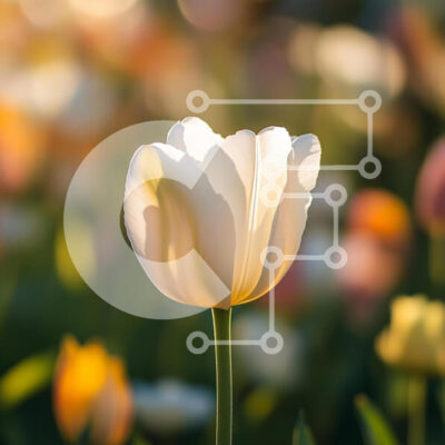 Intra Συλλεκτικό Ξύλινο Παζλ Plywood  4mm - Λευκή τουλίπα σε έναν πολύχρωμο κήπο Σε Ξύλινο Κουτί - Διαστάσεις: 10x10 cm – 25 κομμάτια - Image 1