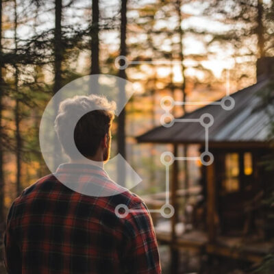 Intra Συλλεκτικό Ξύλινο Παζλ Plywood  4mm - Άτομο που κοιτάζει την καμπίνα στο δάσος κατά τη διάρκεια του ηλιοβασιλέματος Σε Ξύλινο Κουτί - Διαστάσεις: 10x10 cm – 25 κομμάτια - Image 1