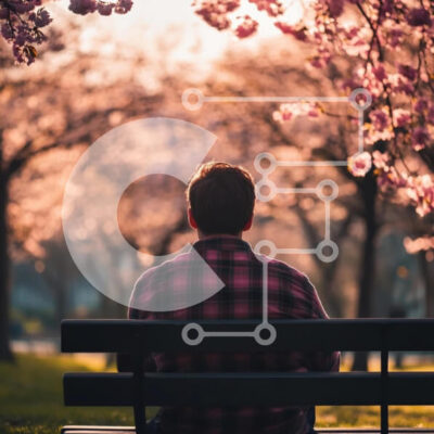 Intra Συλλεκτικό Ξύλινο Παζλ Plywood  4mm - Άτομο που κάθεται σε έναν πάγκο κάτω από τα ανθισμένα δέντρα κερασιών Σε Ξύλινο Κουτί - Διαστάσεις Puzzle: 10x10 cm – 25 κομμάτια - Image 1