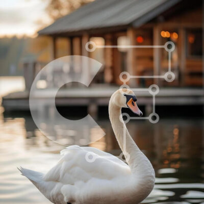 Intra Συλλεκτικό Ξύλινο Παζλ Plywood 4mm - Κύκνος σε ήρεμα νερά με ρουστίκ καμπίνα Σε Ξύλινο Κουτί - Διαστάσεις: 10x10 cm – 25 κομμάτια - Image 1