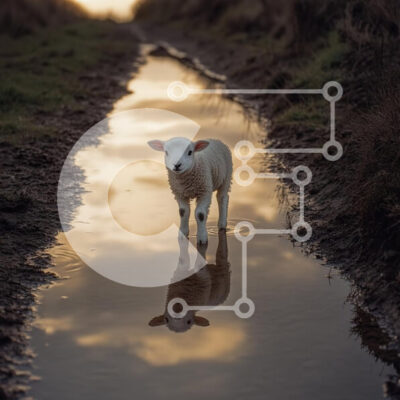 Intra Συλλεκτικό Ξύλινο Παζλ Plywood  4mm - Αρνί που στέκεται σε μια λακκούβα στο ηλιοβασίλεμα Σε Ξύλινο Κουτί - Διαστάσεις: 10x10 cm – 25 κομμάτια - Image 1