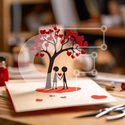 Intra Συλλεκτικό Ξύλινο Παζλ Plywood  4mm - Αναδυόμενη ευχετήρια κάρτα με δέντρο καρδιάς και φιγούρες με ραβδί Σε Ξύλινο Κουτί - Διαστάσεις Puzzle: 10x10 cm – 25 κομμάτια - Image 1