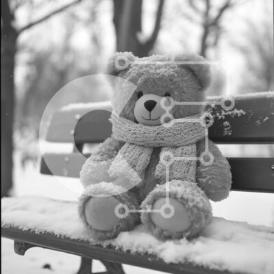 Intra Συλλεκτικό Ξύλινο Παζλ Plywood  4mm - Teddy Bear κάθεται σε έναν χιονισμένο πάγκο το χειμώνα Σε Ξύλινο Κουτί - Διαστάσεις Puzzle: 10x10 cm – 25 κομμάτια - Image 1